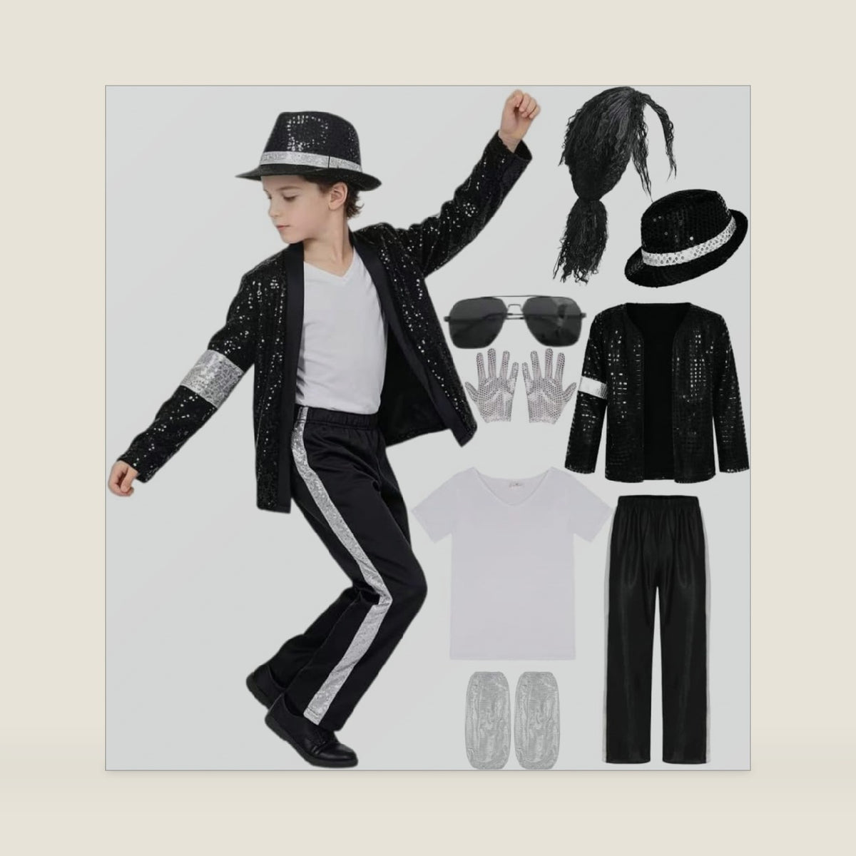 7-Piece Halloween Costume Set | Black Sequin Jacket, Trousers, Hat & Gloves | 80s Retro Stage Outfit for Men and Women