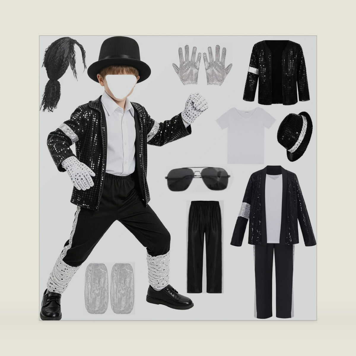 80s 90s Pop Star Costume, Set, Black Sequin Jacket, Trousers, Hat, Gloves, Wig, Dance Party Outfit, Halloween Costume