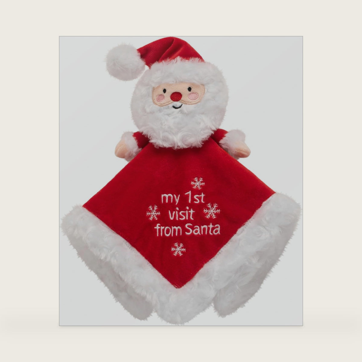 Plush Santa 13 inch Embroidered Snuggle Buddy, Security Blanket with Toy Rattle, My First Visit from Santa, Red with White Trim