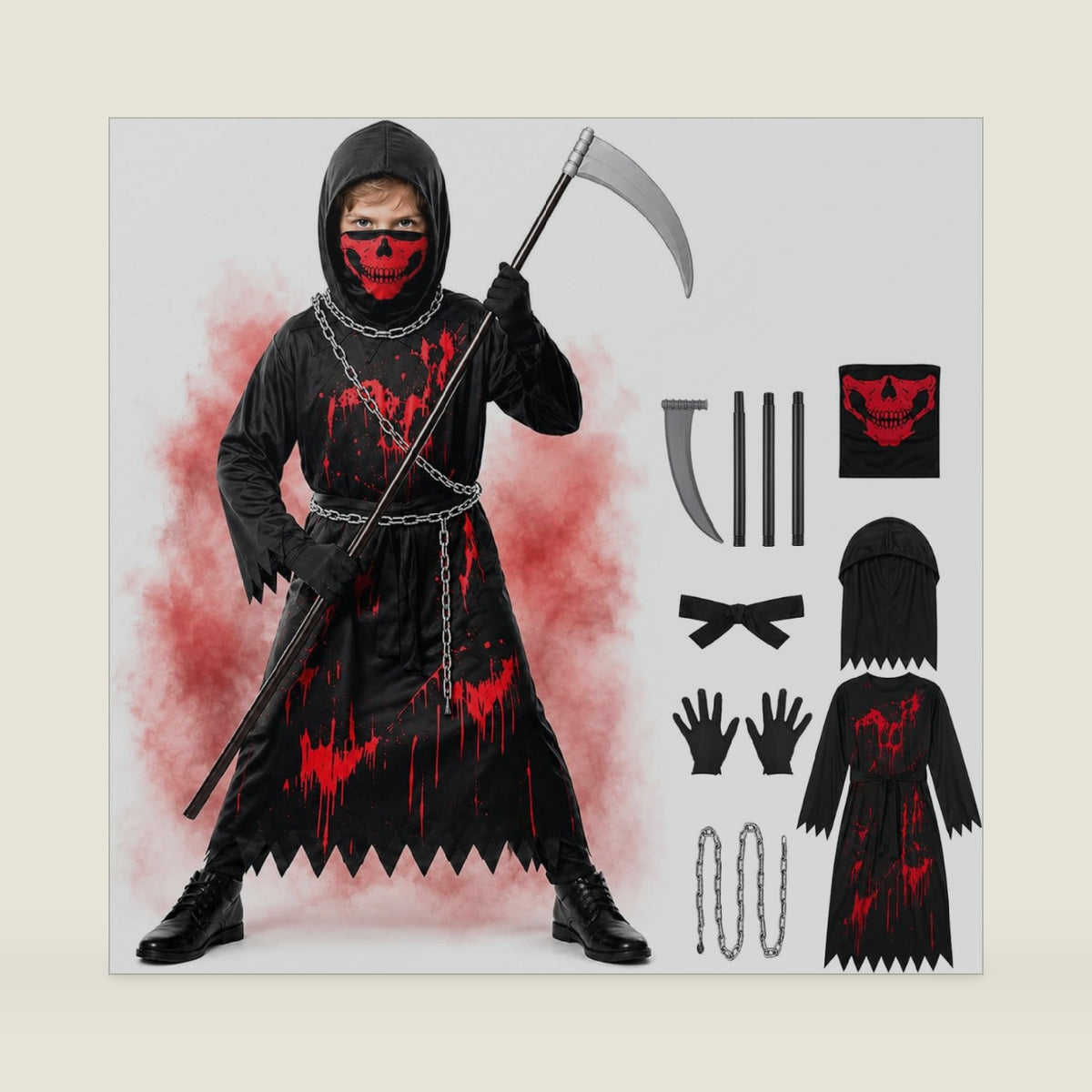 QIMYGIFT Scary Bloody Grim Reaper Costume for Boys, Kids Halloween Costume Set with Skull Face Mask Scythe Plastic Chains