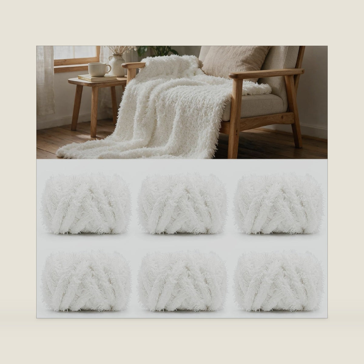 Upgraded Jumbo Chenille Yarn, 6 Skeins Super Chunky Blanket Yarn (6, Off-White)