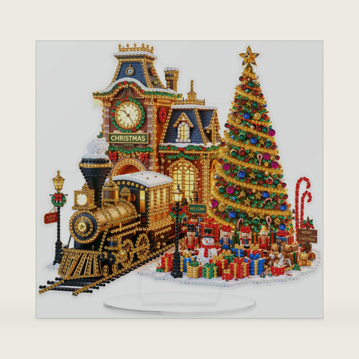 Yunzlly Christmas Diamond Art Painting Tabletop Kits, Desktop Gem Painting Ornament Kit for Adults Train Station DIY Acrylic Diamond Board Painting Gift Kit