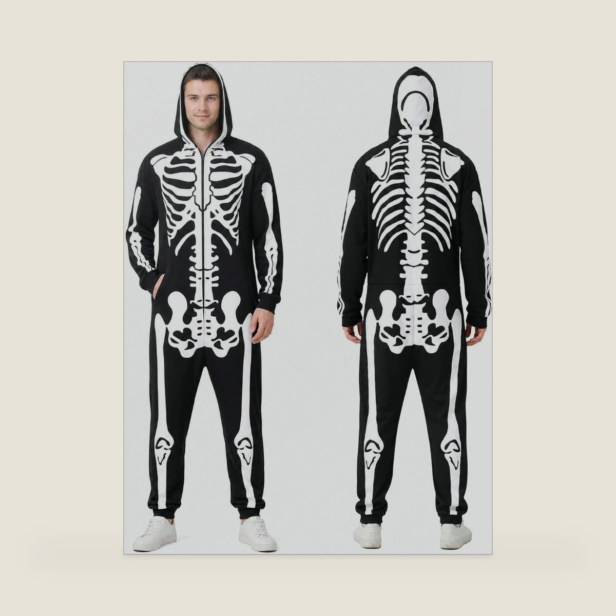 Skeleton Halloween Costume for Men & Women, Double-Sided Zip Hood Jumpsuit