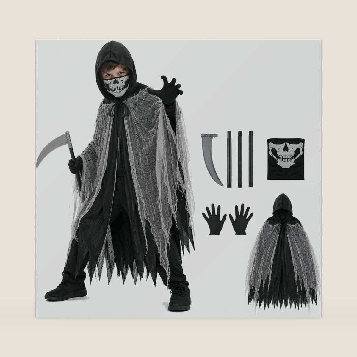QIMYGIFT Grim Reaper Cloak Ghost Costume for Kids, Scary Horror Tattered Halloween Cape with Mask Gloves & Toy Scythe Props