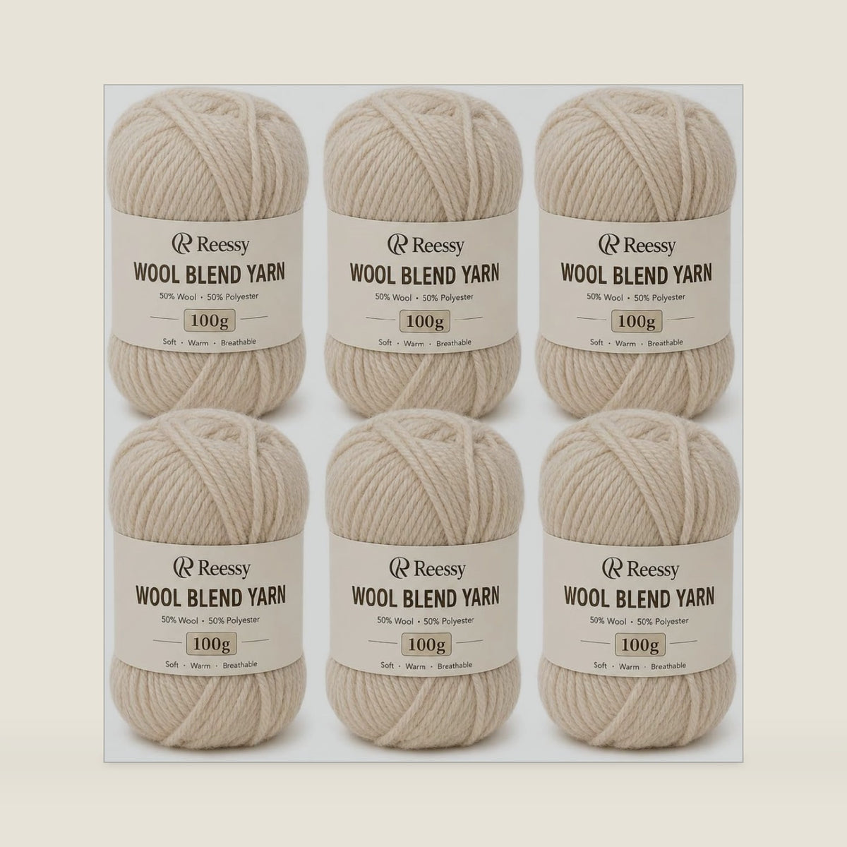 Wool Blend Yarn, 6-Pack 100g Each, No. 4 Medium Weight, Beige