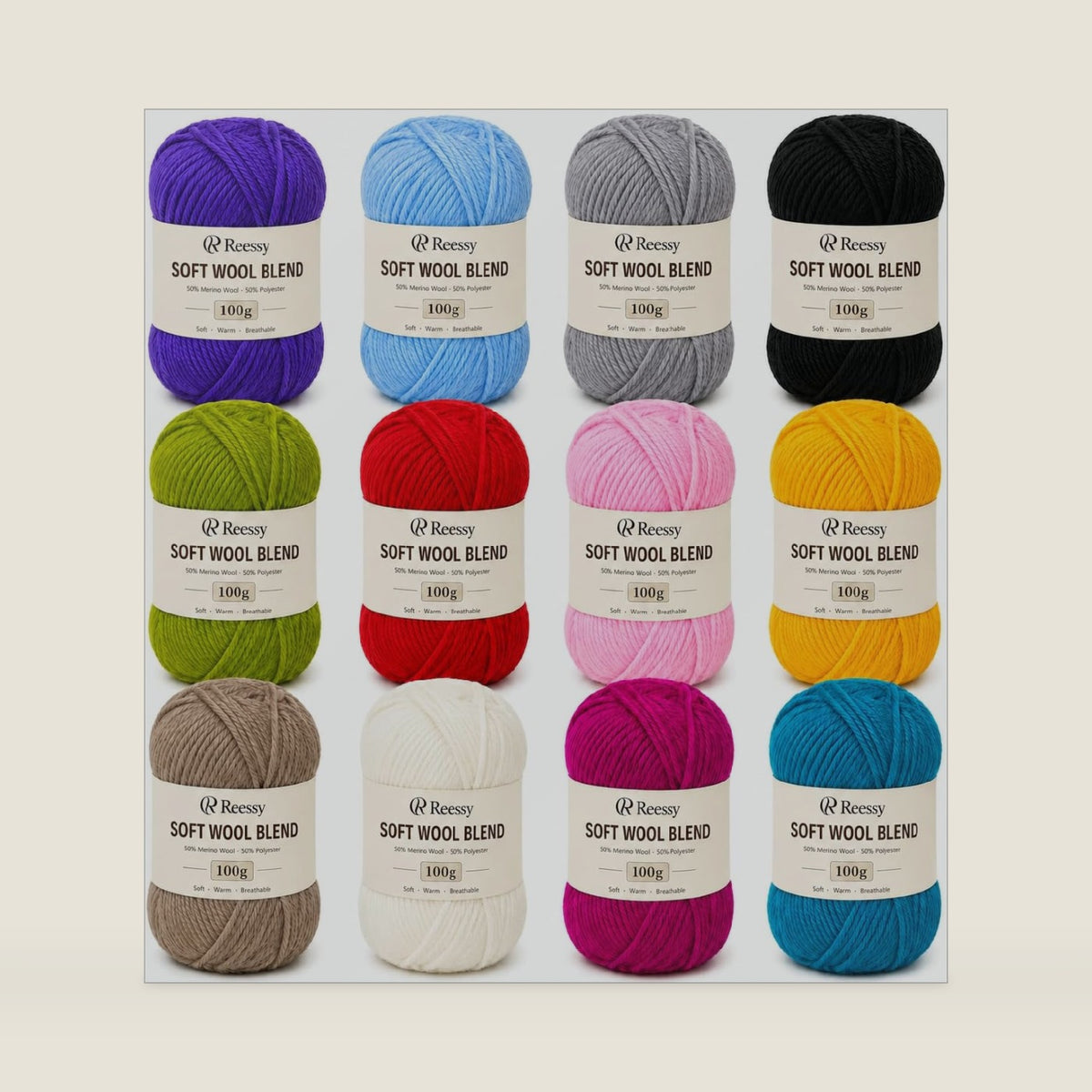 Wool Blend Yarn, 12 Assorted Colors, 100g Each, No. 4 Medium Weight