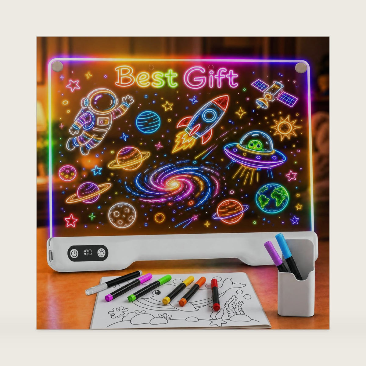 LED Drawing Board for Kids, 16" Rechargeable Neon Art Dry Erase Light Up Doodle Glow Pad with Built-in Stand, Light Up Led Note Board for Birthday Holiday Toy Gifts, 8 Markers & Tracing Book