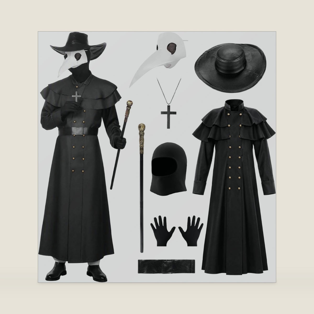 Plague Doctor Costume,8Pcs Medieval Black Robe with Bird Beak Mask