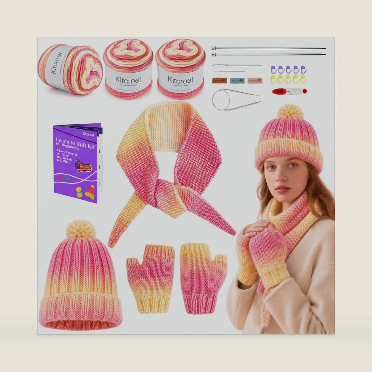 Knitting Kit for Beginners, Complete Starter Kit for Scarf, Hat, Gloves