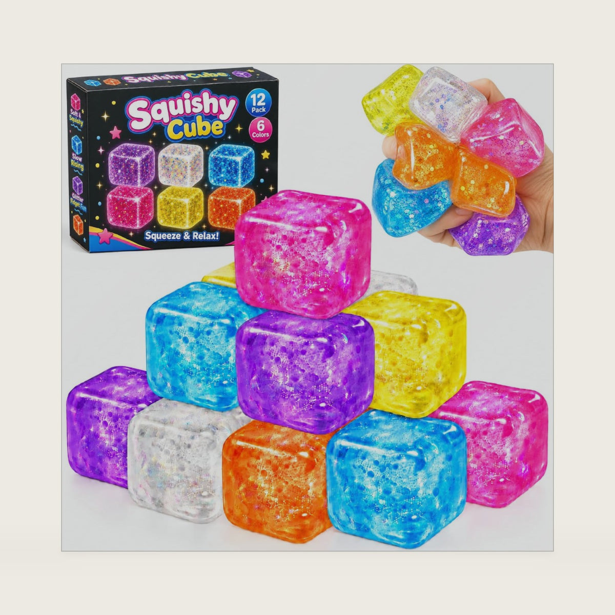 12 Pcs Glitter Stress Cube Squishy Toys for Adults, Slow Rising Fidget Cubes Stress Relief Squeeze Toys, Sensory Fidget Toys, Party Favors, Goodie Bag Gifts