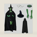 Green Witch Costume Set for Women, 5 PCS Halloween Cosplay Outfit with Black Pointed Hat, Velvet Cape, Round Glasses, Green Claw Gloves, GreenPaint for Adult Costume Parties, Stage Cosplay Events