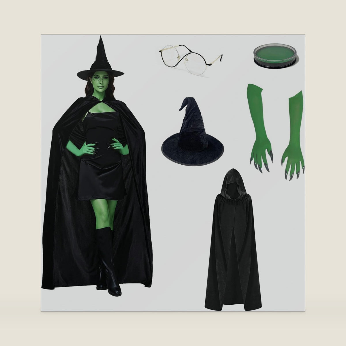 Green Witch Costume Set for Women, 5 PCS Halloween Cosplay Outfit with Black Pointed Hat, Velvet Cape, Round Glasses, Green Claw Gloves, GreenPaint for Adult Costume Parties, Stage Cosplay Events