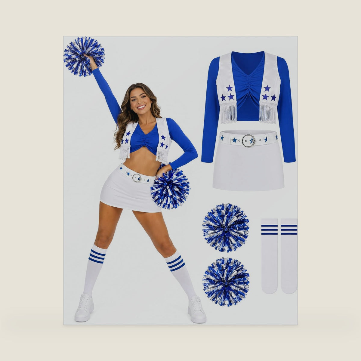 Cheerleader Costume for Women with Crop Top Vest Skirt Knee High Socks Cheer Costume Halloween Game Day Party Outfit