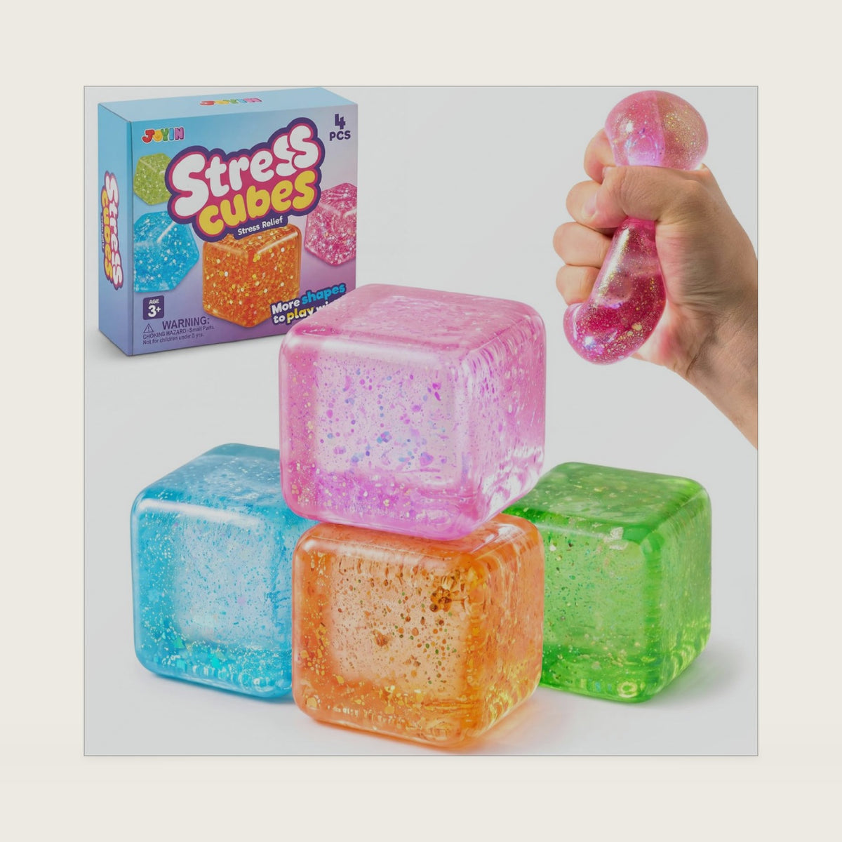 JOYIN 4PCS Glitter Cube Stress Relief Toys, 2.2 Inch Colorful Cube Squishy Toys, Slow Rising Fidget Sensory Toy, Soft Squeeze Toy for Adults & Kids, Birthday Gifts, Office Desk, Halloween,Party Favors