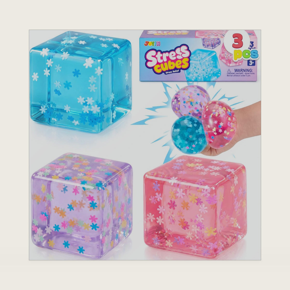JOYIN 3PCS Snowflake Cube Stress Relief Toys, 2.2 Inch Colorful Cube Squishy Toys for Adults, Girls Boys, Slow Rising Fidget Sensory Toy, Soft Squeeze Toys, Birthday Gifts, Office Desk, Party Favors