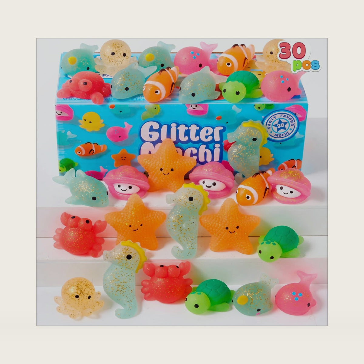JOYIN 30PCS Glitter Mochi, Cute Sea Animal Mochi Squishy Toys to Squeeze, Stress Relief Fidget Toys for Kids, Valentine's Party Favors, Classroom Exchange Prizes for Boys and Girls, Halloween