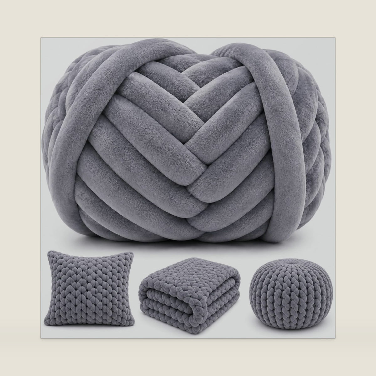 Timgle Chunky Yarn for Hand Knitting,2.2lb/30.6yard Extra Thick Velvet Chenille Tube Yarns for Blankets,Pet Beds- Machine Washable&No Joints Seamless,DIY Gift (Grey)