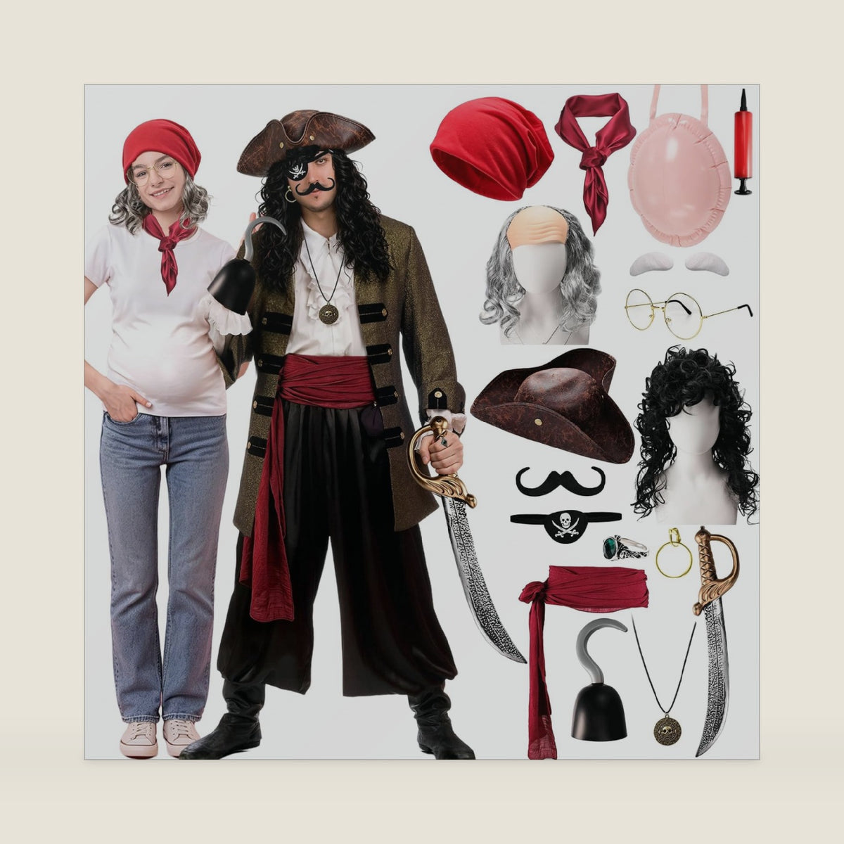 17 Pcs Halloween Pirate Captain and Boatswain Couple Costume Accessories Set Wig Pirate Hat Knife Prop Plastic Hook Fake Belly for Men Women Cosplay