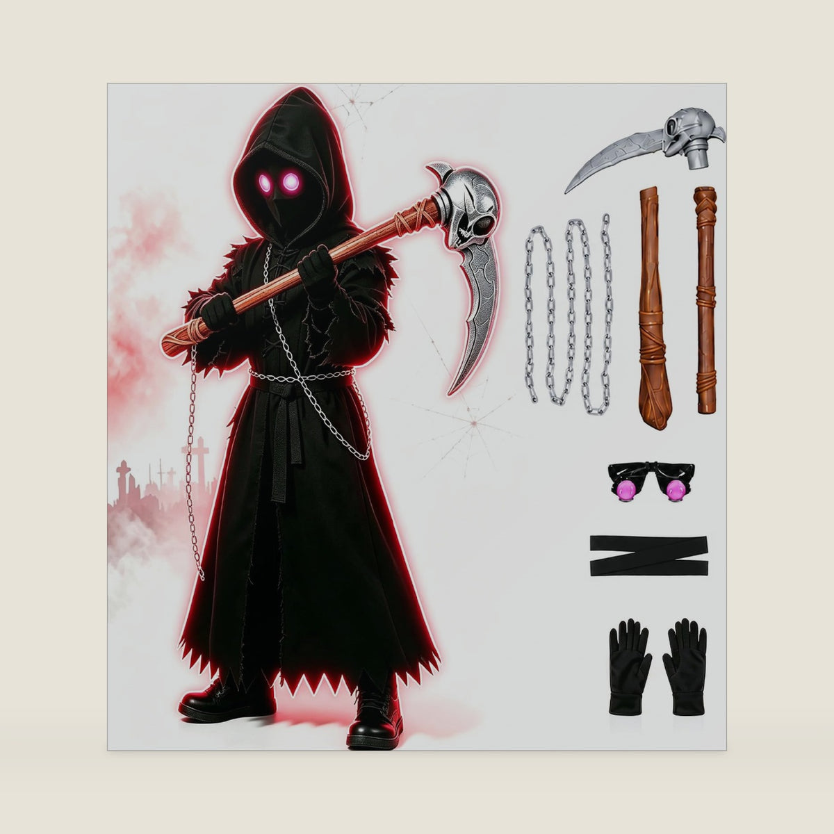 Glowing Eyes Grim Reaper Costume for Kids, Halloween, Dress-up Party