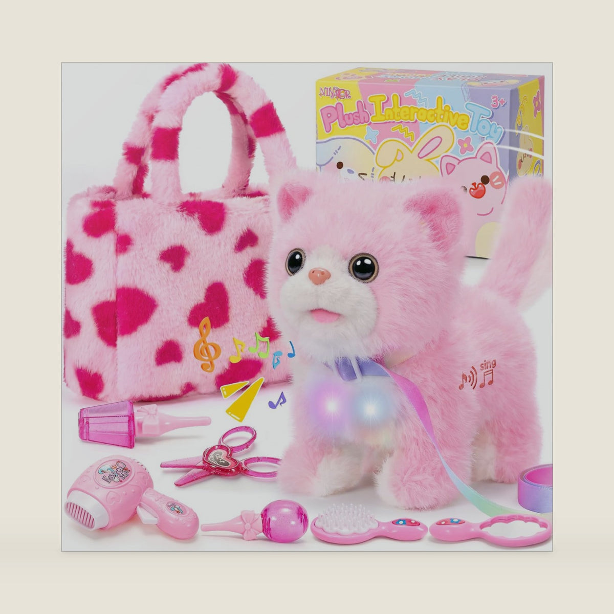 NINAOR Plush Figure Toys Interactive Cat for Kid with Tote Bag Pretend Play