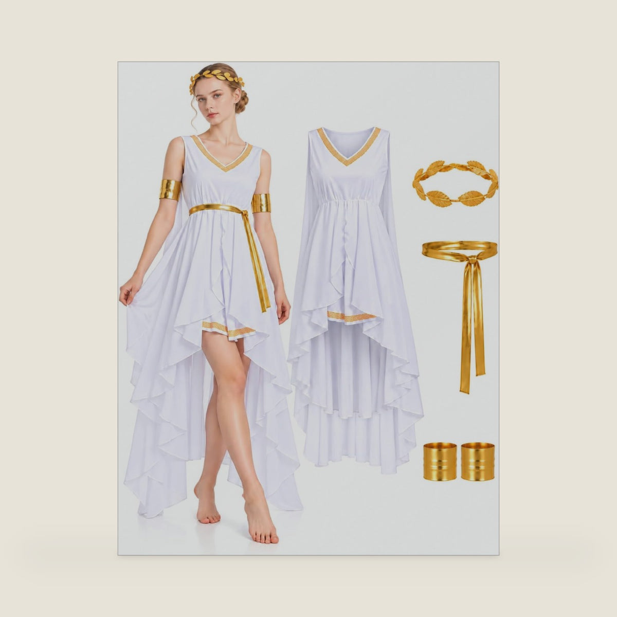 Greek Goddess Costume for Adult Women with Toga Dress and Gold Accessories