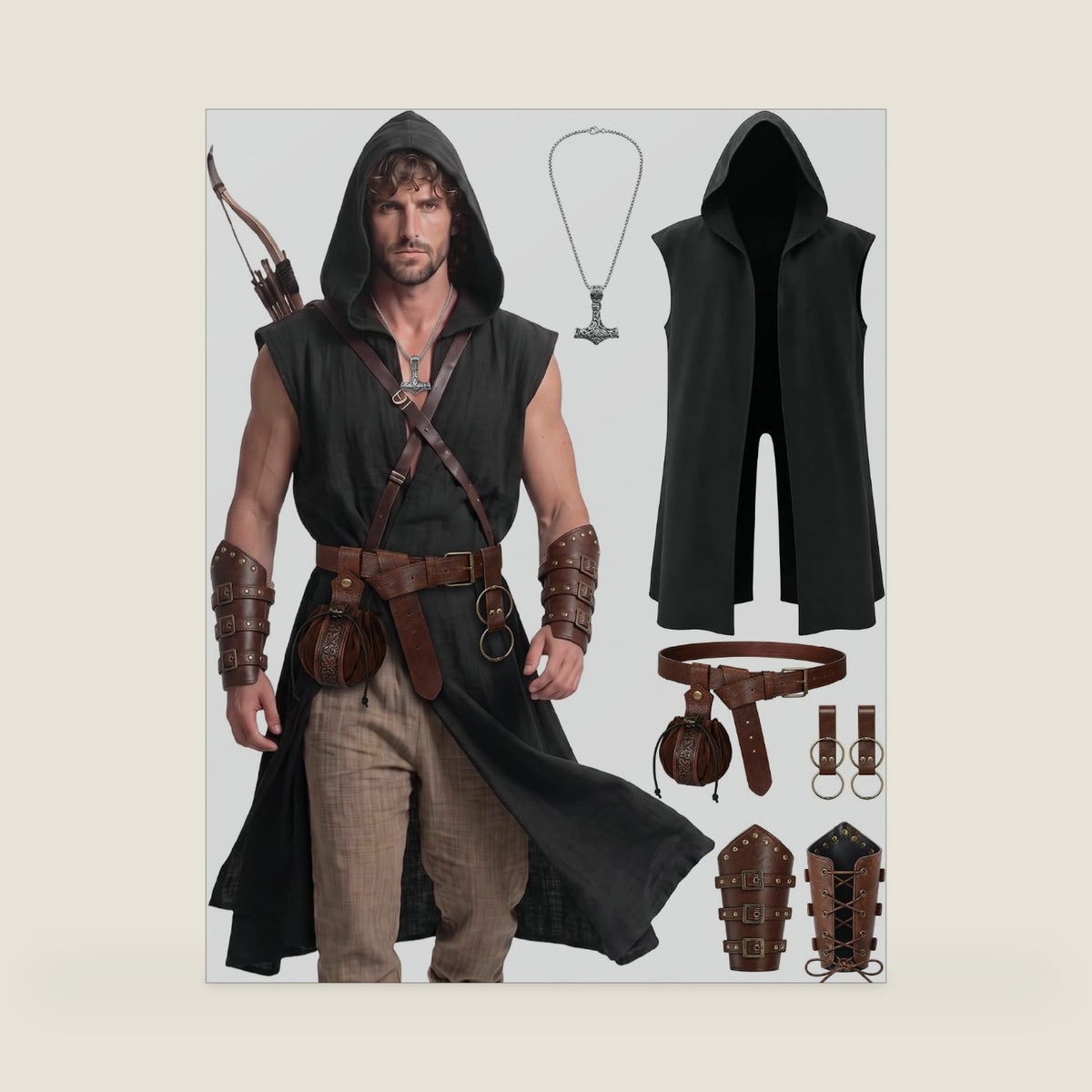 Jiuguva 8 Pcs Men Medieval Renaissance Costume Hooded Surcoat Tunic Cloak Viking Assassin Cosplay with Belt Pouch Bracers