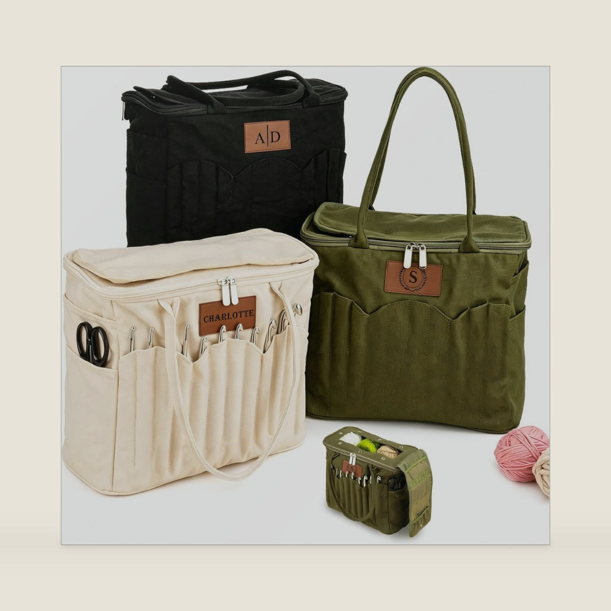 Phexilo Personalized Knitting Bag with Name Leather Patch, Canvas Yarn Bag