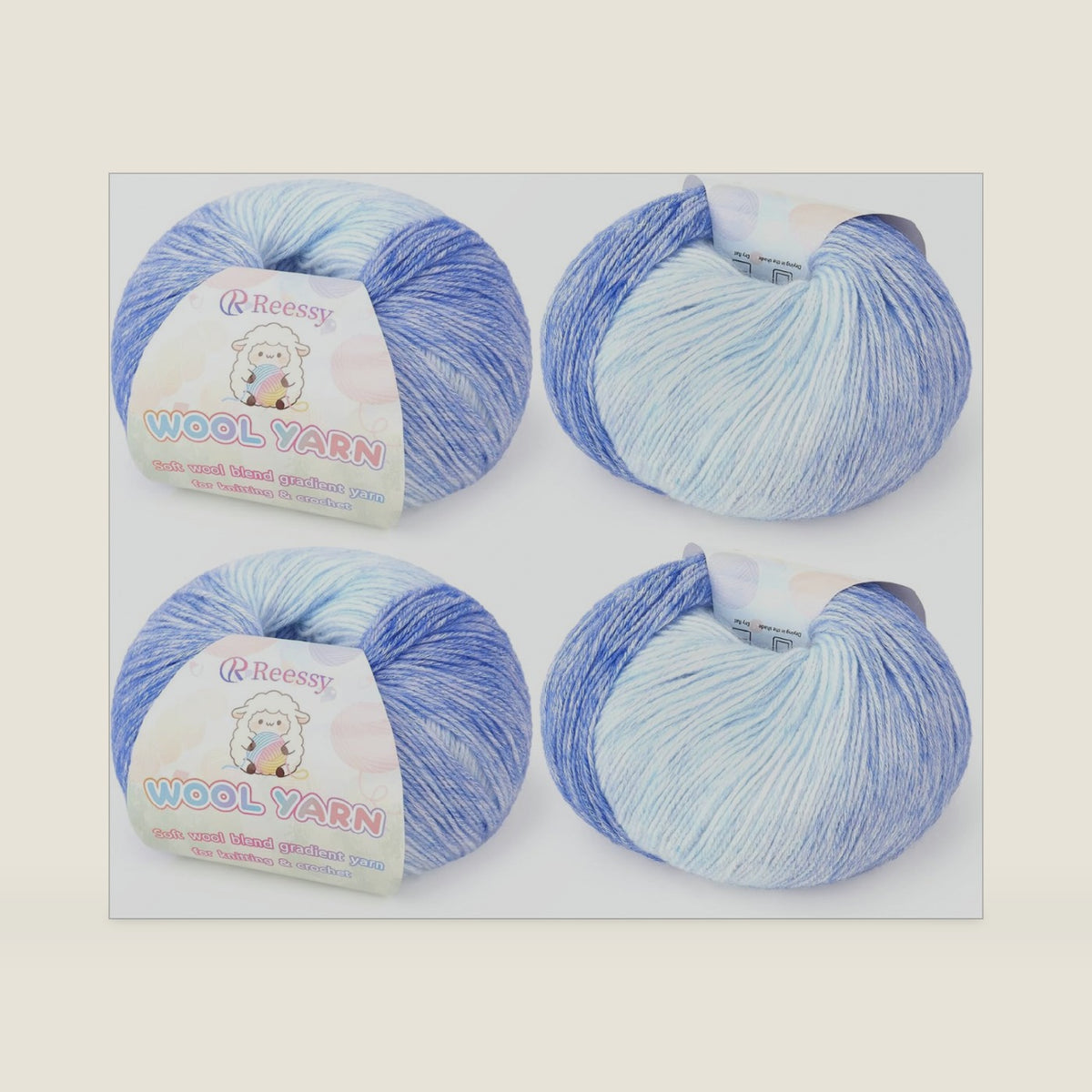 Ombre Gradient Yarn, 4 Skeins Wool Blend Sport Weight, Blue Mist