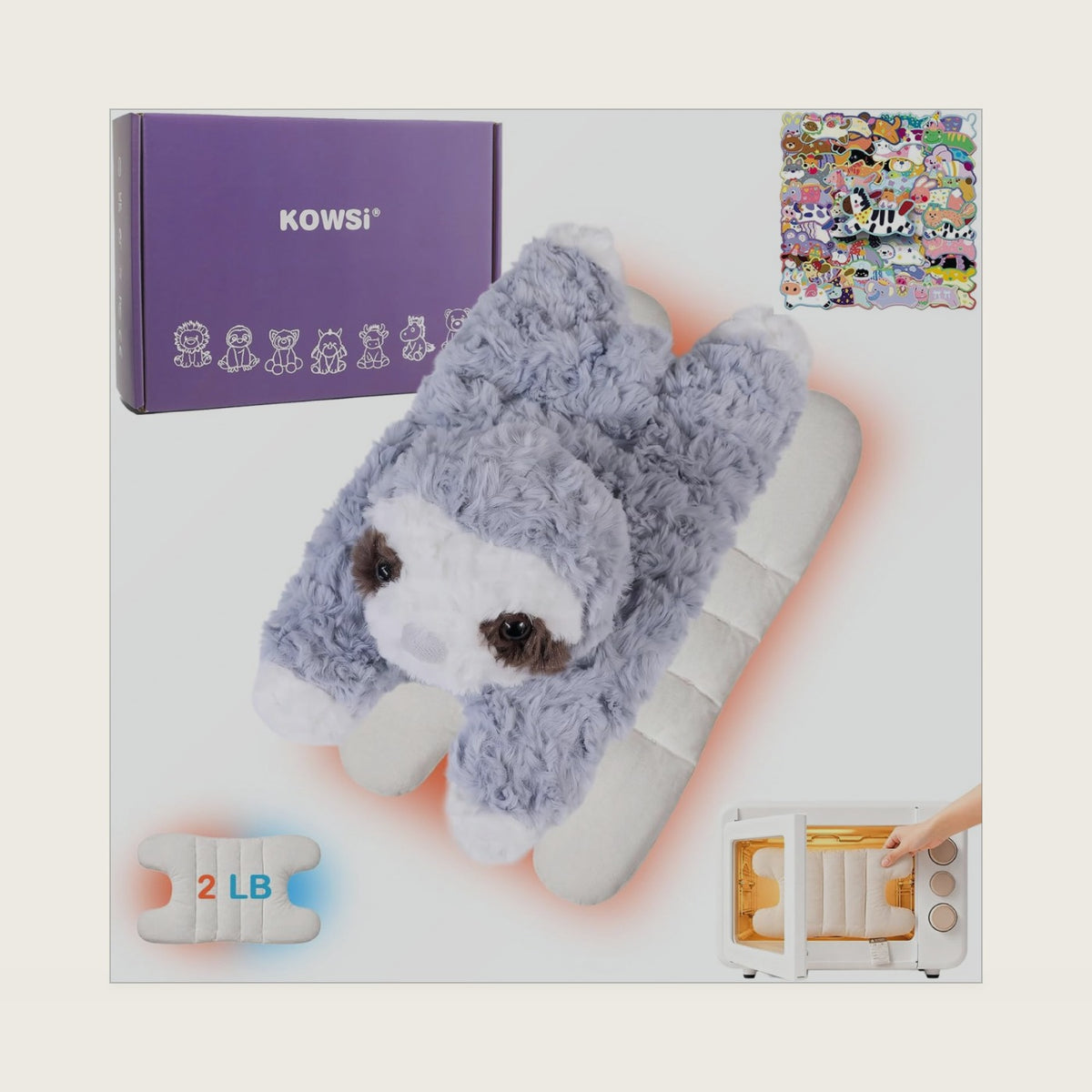 KOWSI® Sloth Plush with Microwavable Removable Heating Pad + 50 Stickers