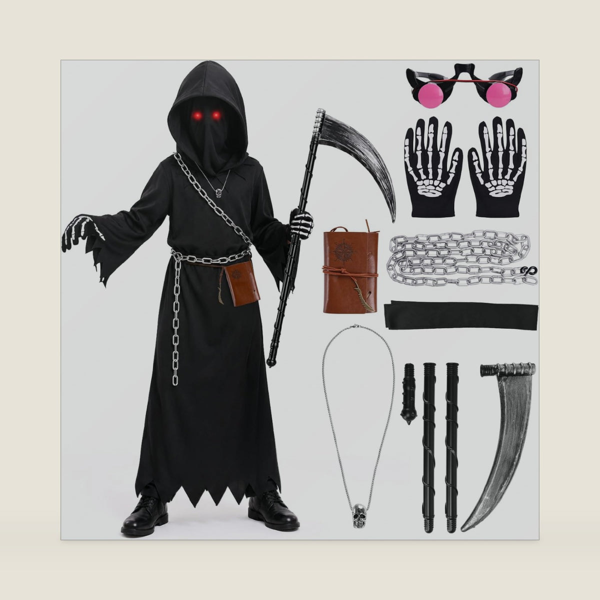 MGparty Grim Reaper Costume for Kids with Glowing Red Eyes and Scythe