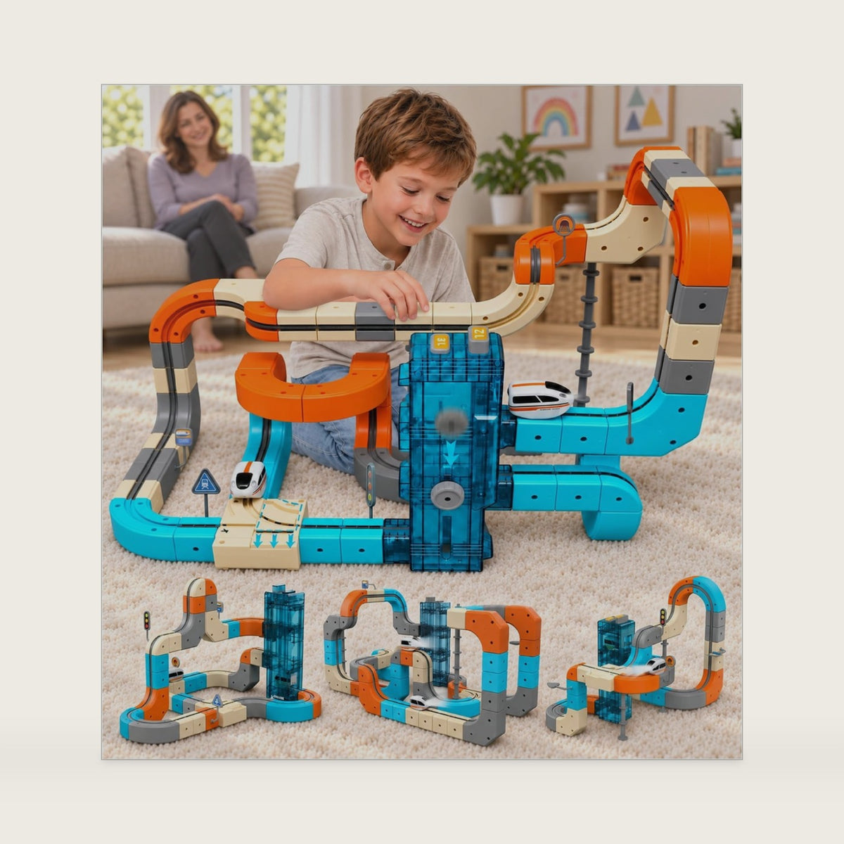 Electric Train Set for Kids, 3-Level Elevator, Auto-Switch Track