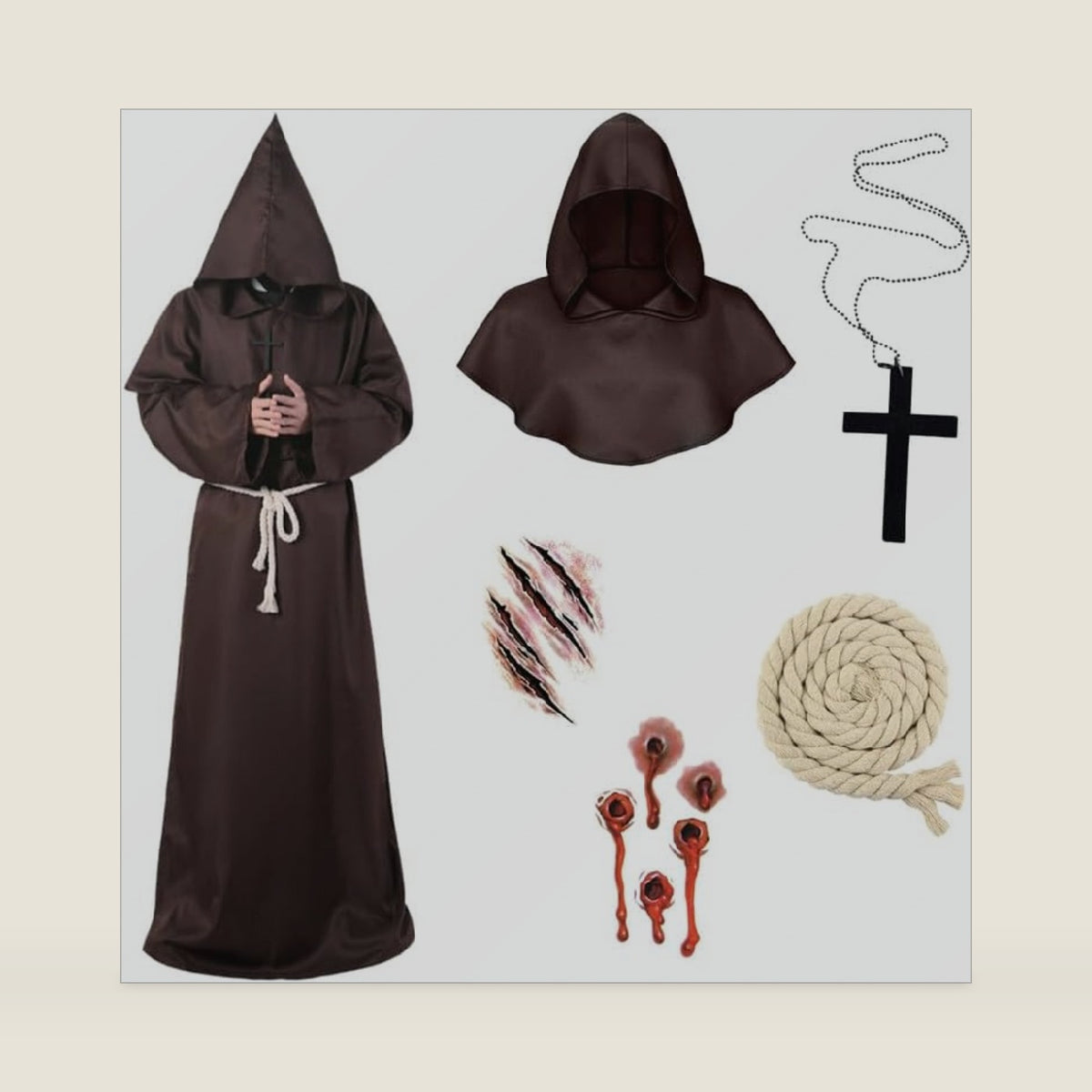Medieval Renaissance Monk Robe Men Adult Halloween Friar Priest Hooded Cloak Cosplay Costume Set