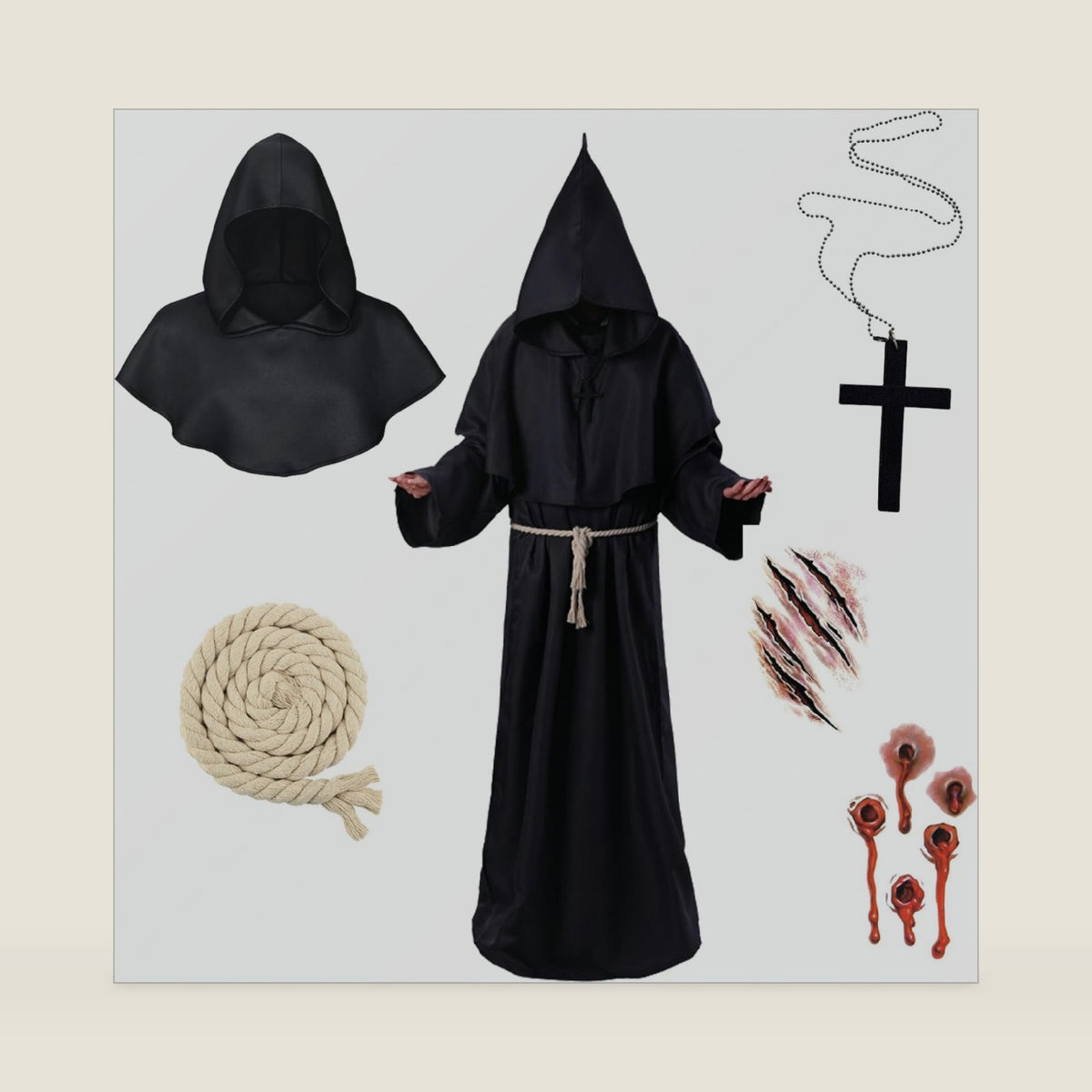 Medieval Renaissance Monk Robe Men Adult Halloween Friar Priest Hooded Cloak Cosplay Costume Set