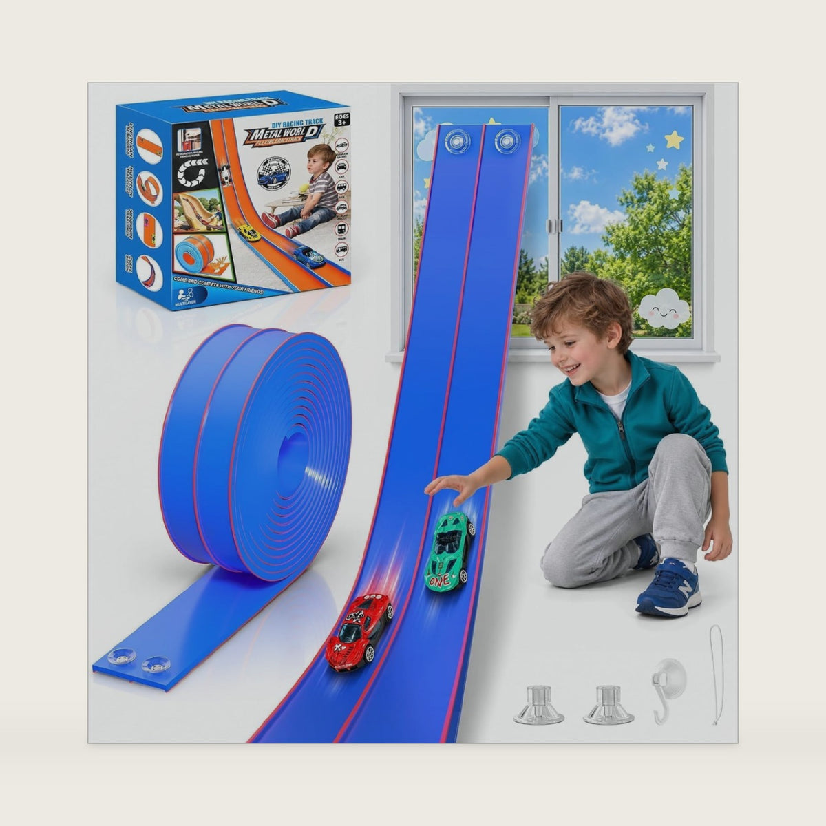 TAEMVV Flexible Race Track for Kids, 15 Ft Dual Car Track Set, Azure