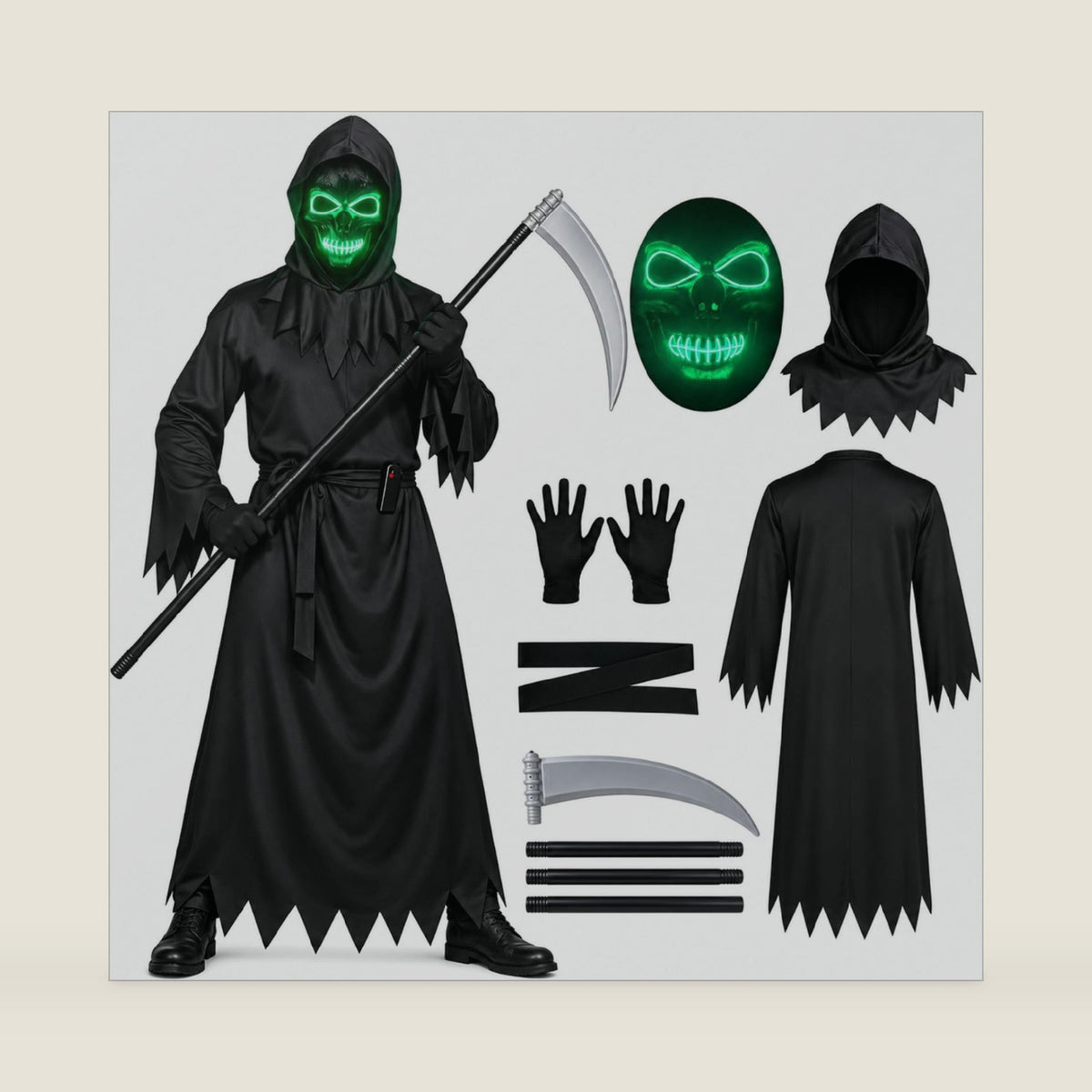 Nydia Adult Grim Reaper Costume Set with Green LED Skull Mask and Scythe