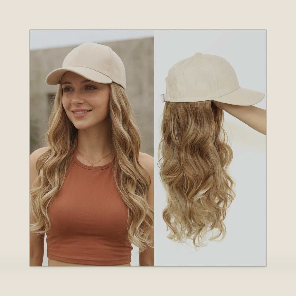 Hat Wig Baseball Cap with Long Wavy Wig Natural Layered Ombre Blonde Hair