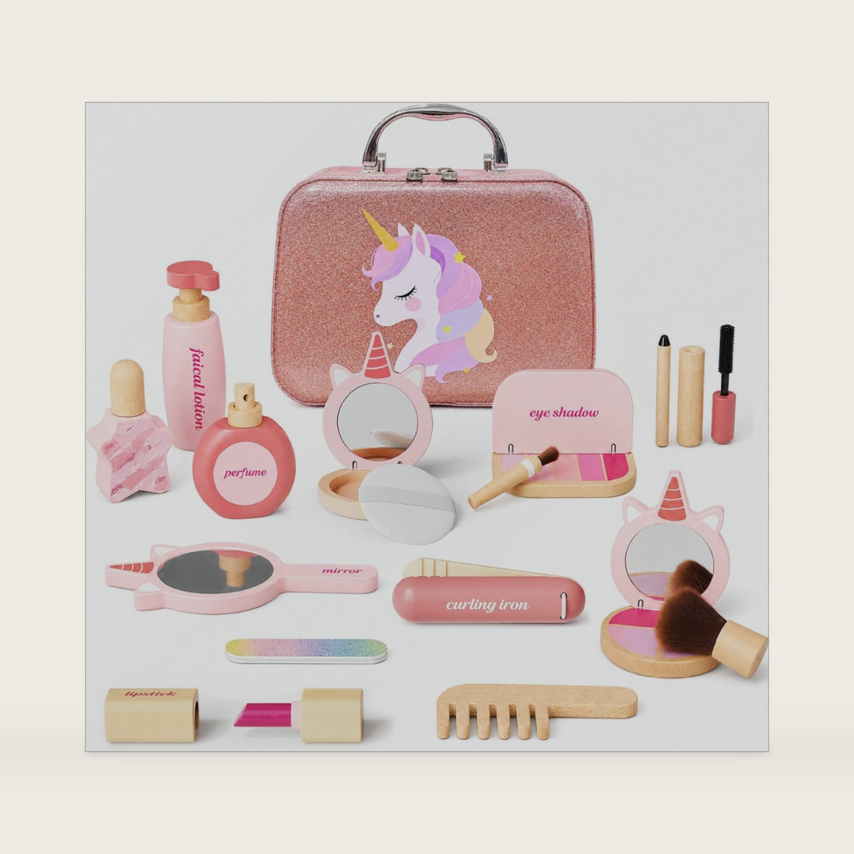 TEKFUN Unicorn Wooden Pretend Play Makeup Set, Fake Makeup Kits for Toddler