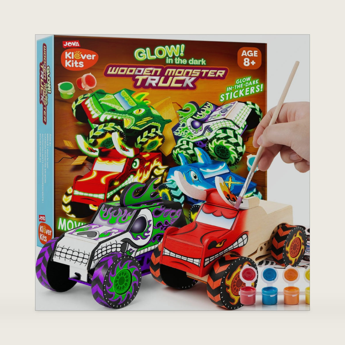 Klever Kits 4 DIY Wooden Monster Truck Toys, Build & Paint Your Own Glow in The Dark Wood Race Car, Arts and Crafts, Birthday Gift for Girls Boys Toys Ages 8+