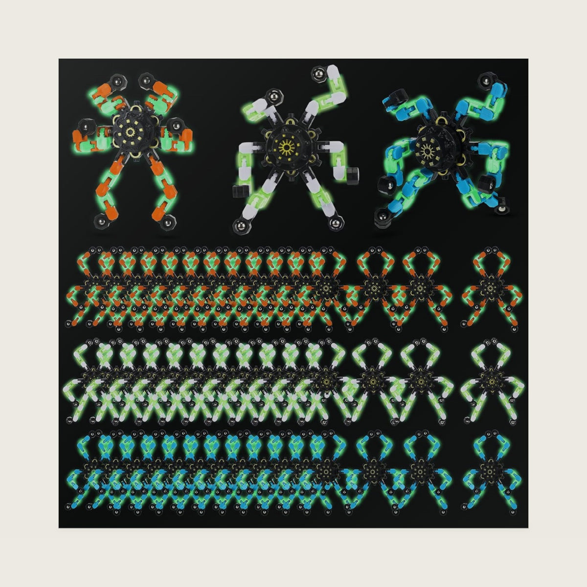 Jerify 48 Pcs Glow Fidget Spinner Toys, Transformable Chain Robot DIY
