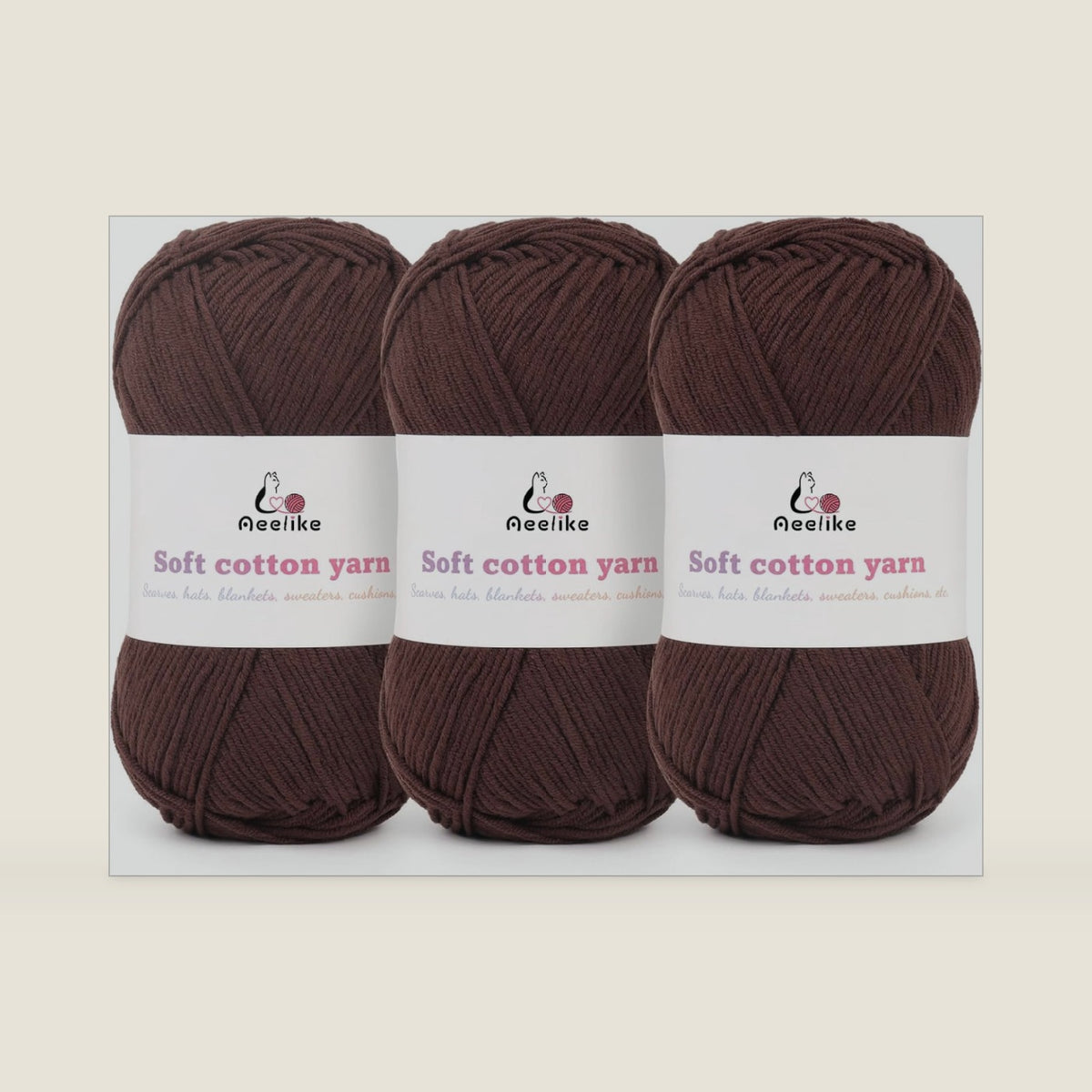 Aeelike Soft Cotton Blend Yarn for Crocheting, Size 3 DK, 3 x 100g, Brown