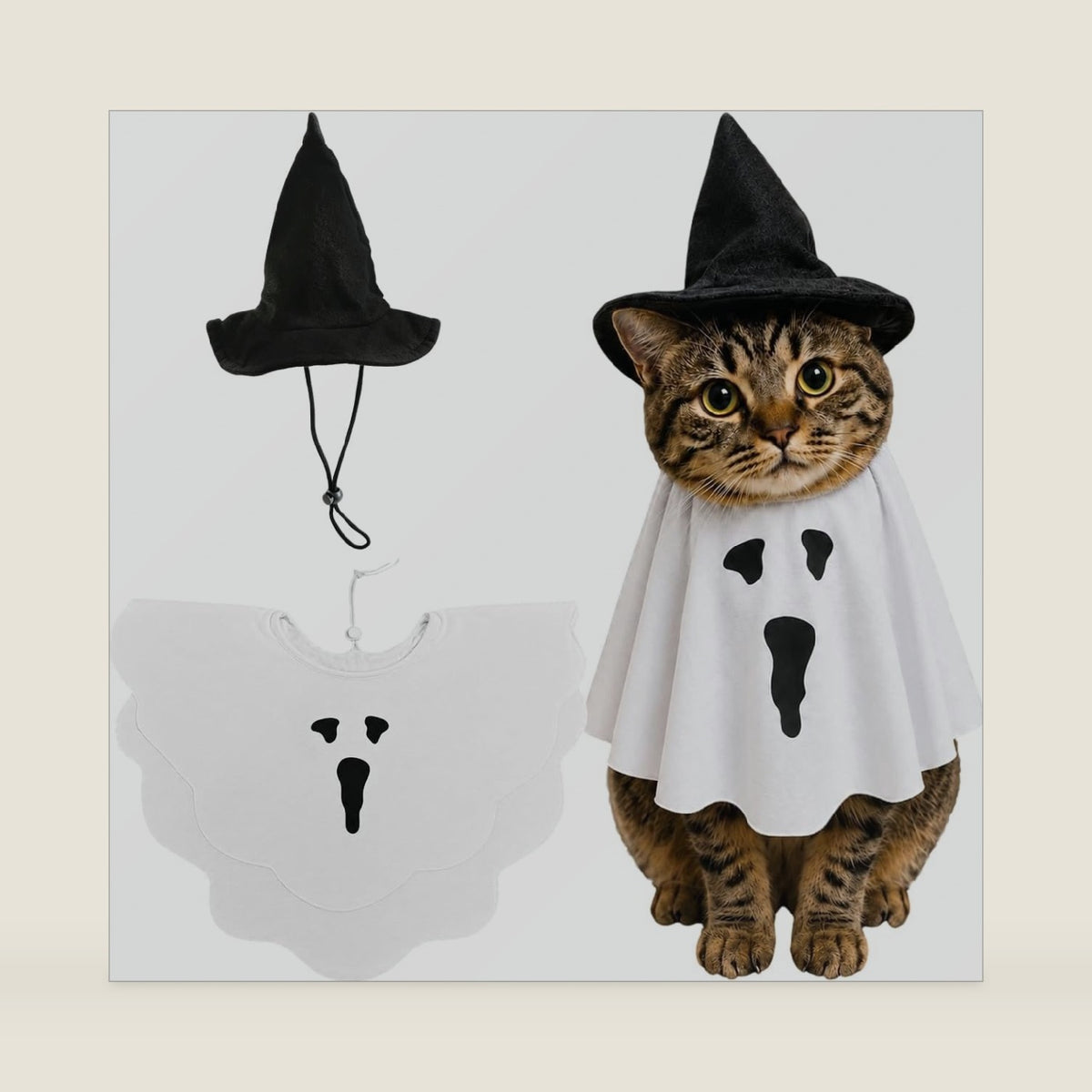 Piemow Cat Halloween Costumes, Ghost Cape & Witch Hat Outfit for Small Pet