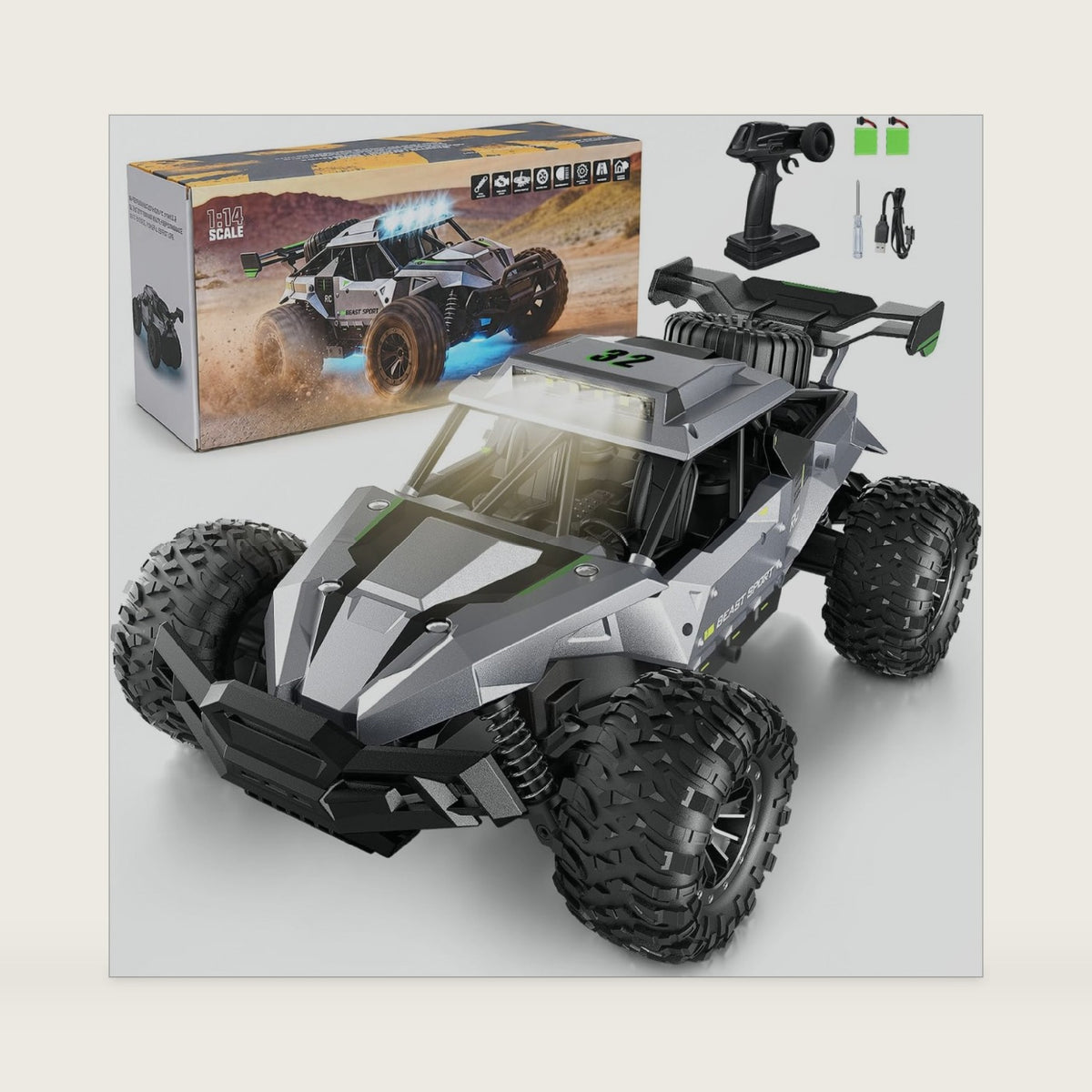 ORSEN 1:14 Remote Control Car for Kids Ages 8+, High Speed Off-Road RC Truck with Dual Rechargeable Batteries, Metal Shock Absorbers, Monster Tires, LED Lights, 2.4GHz Full-Function Control, Grey