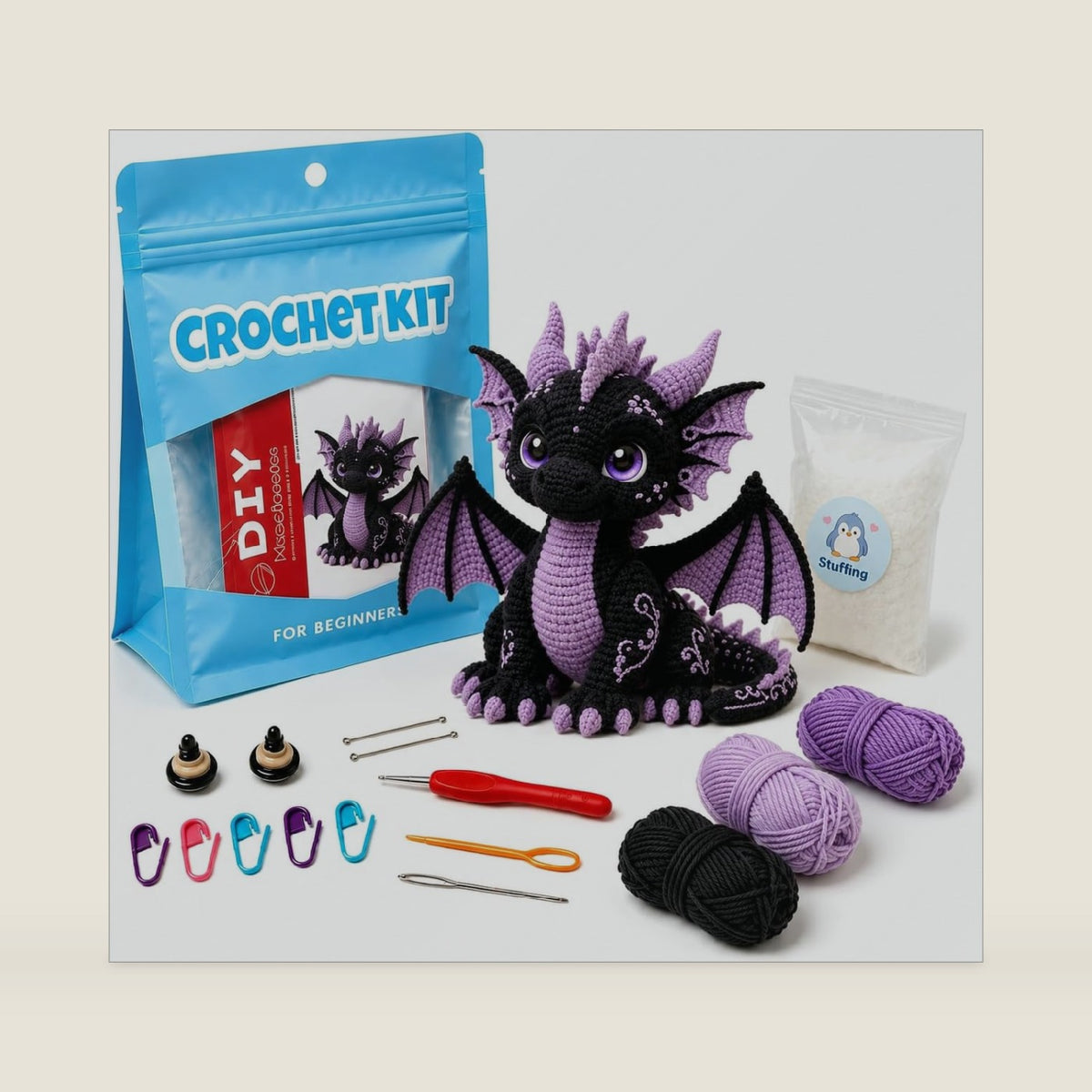 Hookcrafted Black Purple Dragon Amigurumi Crochet Kit for Beginners, Complete DIY Craft Supplies with Instructions, Cute Winged Fantasy Dragon Animal Crochet Starter Kit, Handmade Decor Gift
