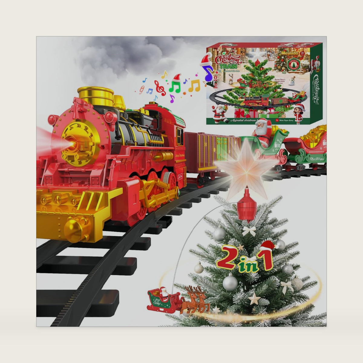 Hanging Christmas Train Set with Tree Topper Star, Toy Train Set Around Under the Christmas Tree, Christmas Toys Gift with Light/Smoke/Sound/Music, Santa Claus Christmas Tree Train Set for Kid 3-5 4-8