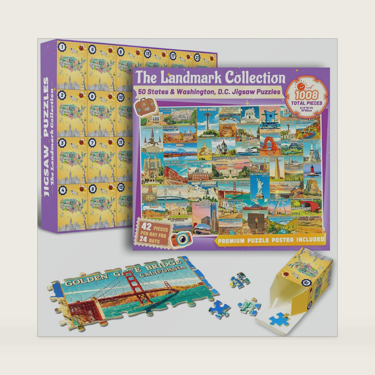 50 States & Washington, D.C. Puzzle Advent Calendar 2026, 1008 Pieces U.S. Iconic Landmarks Jigsaw Puzzles, Countdown to Christmas Travel Poster Design Puzzle for Adults/Kids