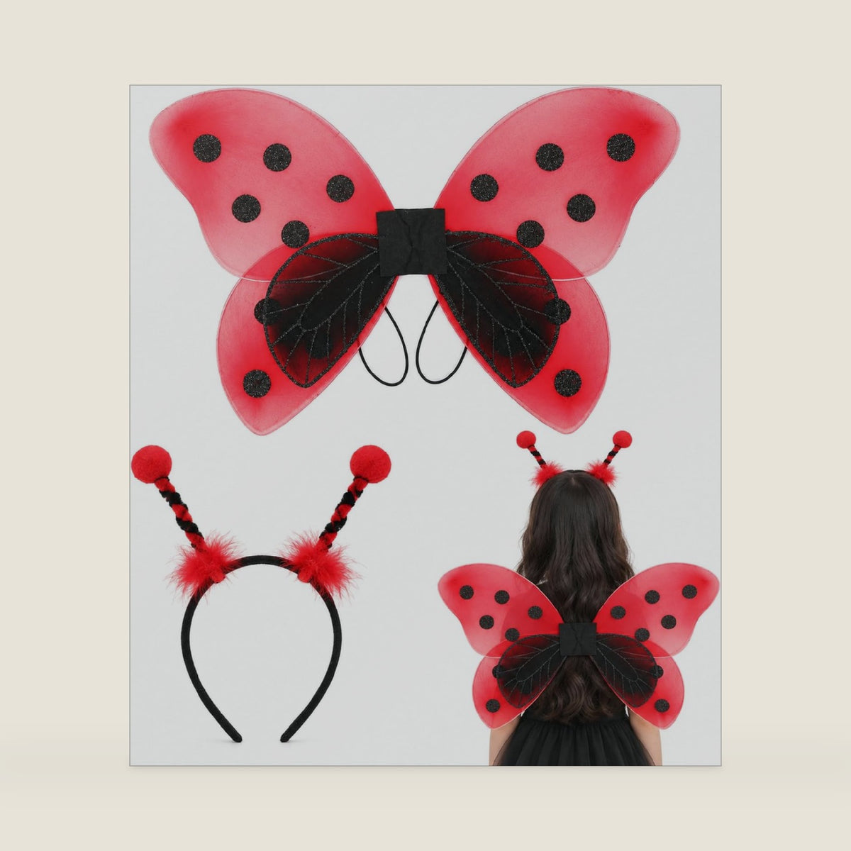 2 Pcs Halloween Ladybug Bee Costume Set Fairy Wings with Antenna Headband