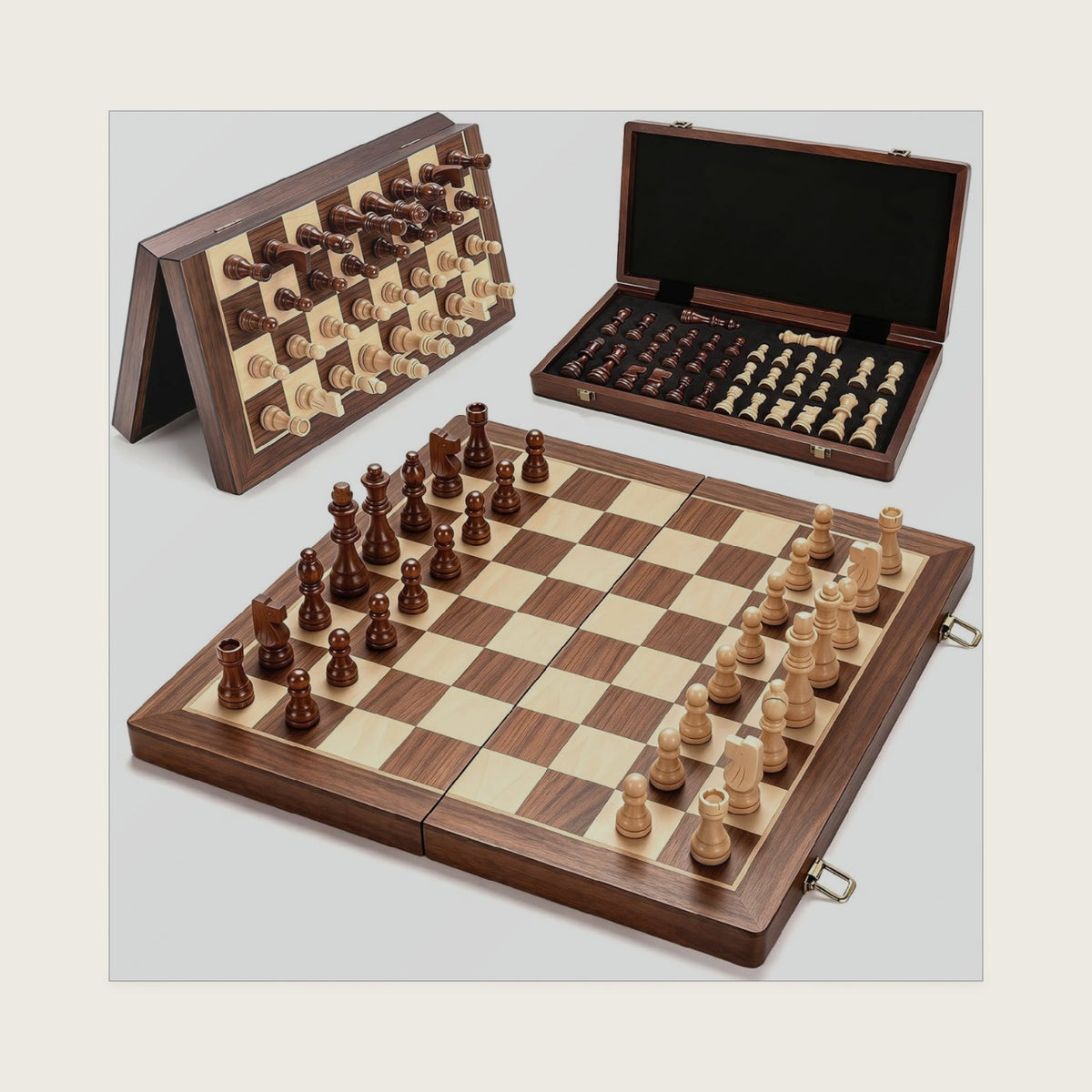 Magnetic Wooden Chess Set, 15" Folding Chess Board with 2 Extra Queens and Pieces Storage Slots, Portable Travel Chess Board Game for Adults & Kids Beginner