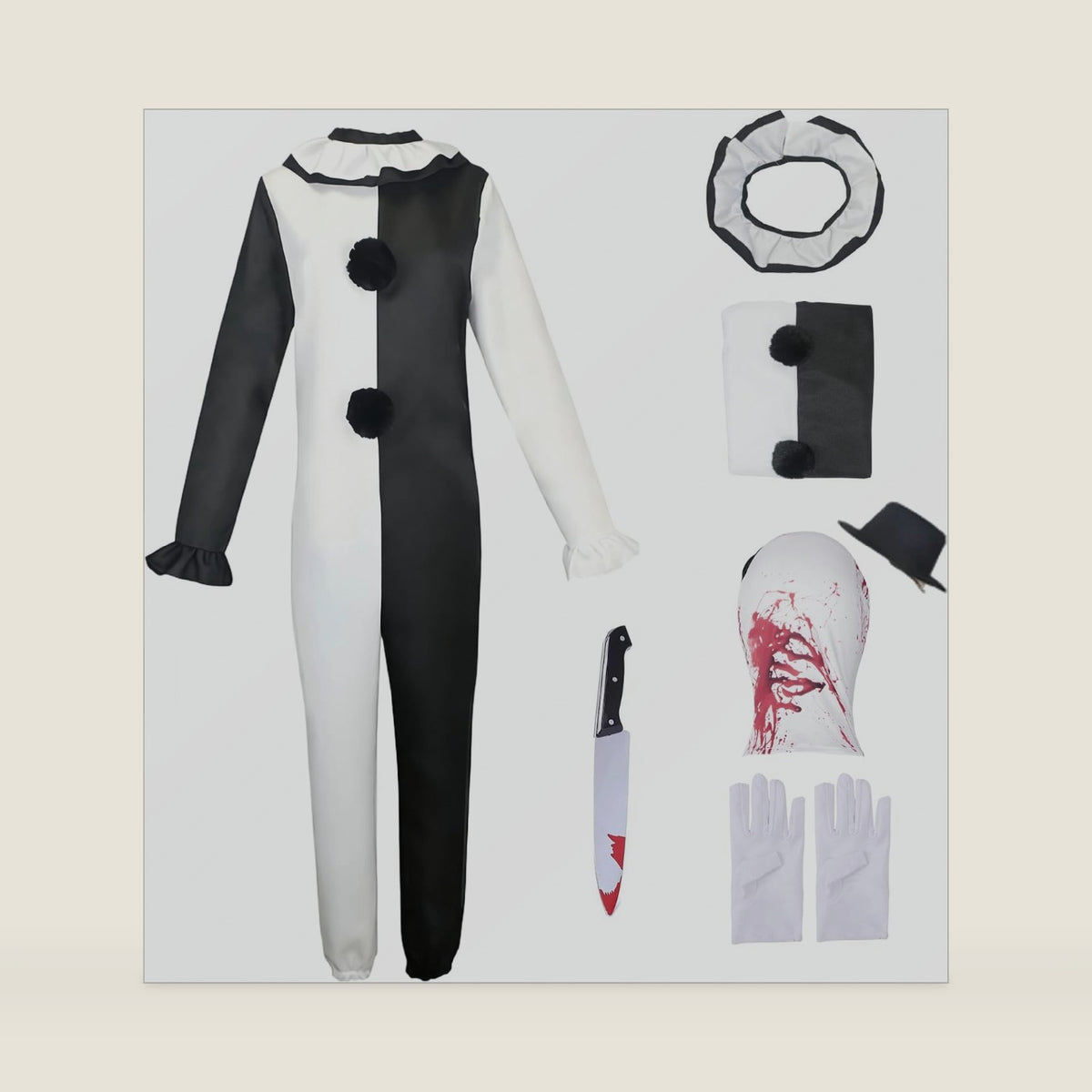 Men Clown Costume Black White Jumpsuit Halloween Horror Cosplay Suit