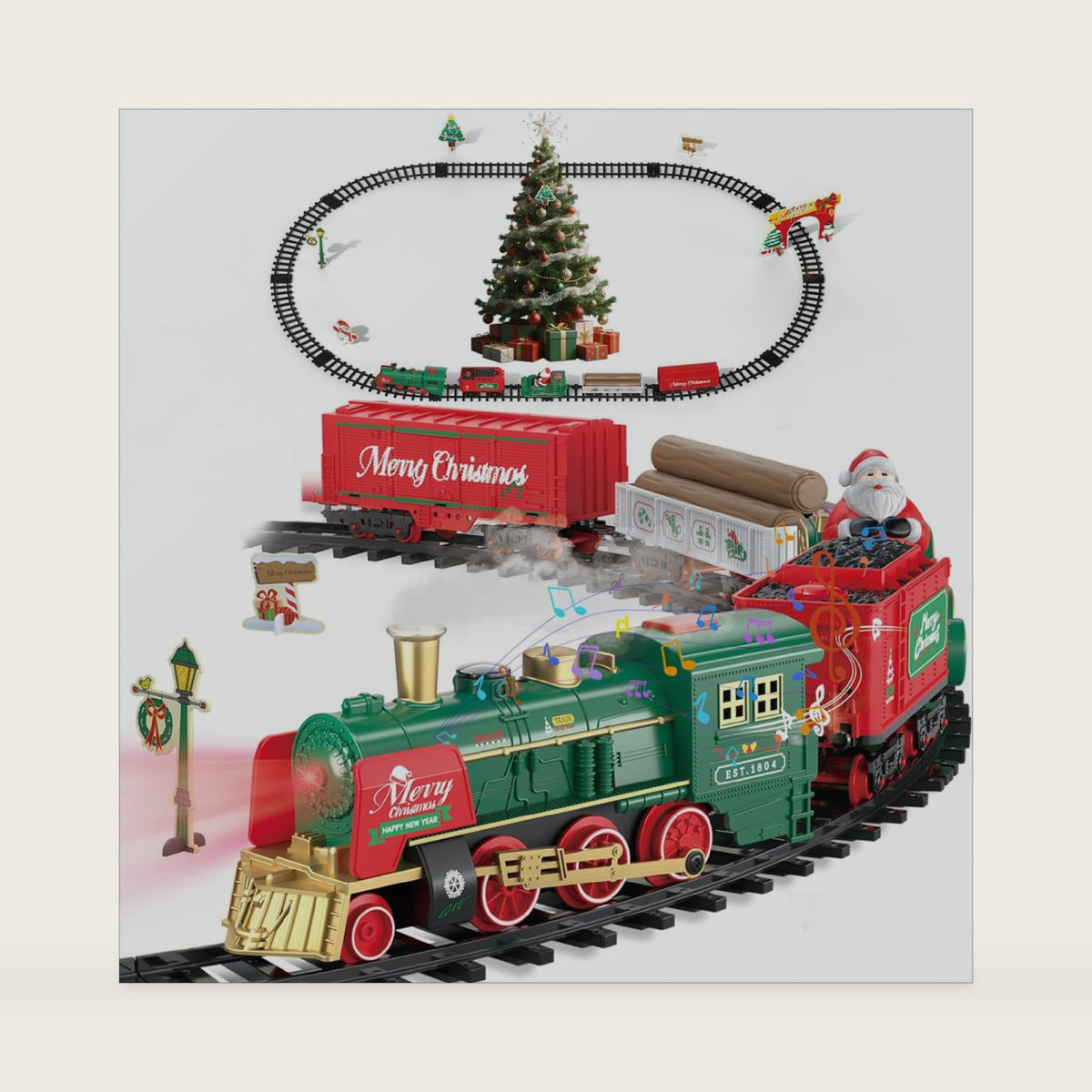 Christmas Train Set Toy with Spray for Under Christmas Tree, Sounds and Light Electric Train Sets Toys for 3 4 5 6 7 8 Kids Adults Steam Train Toy
