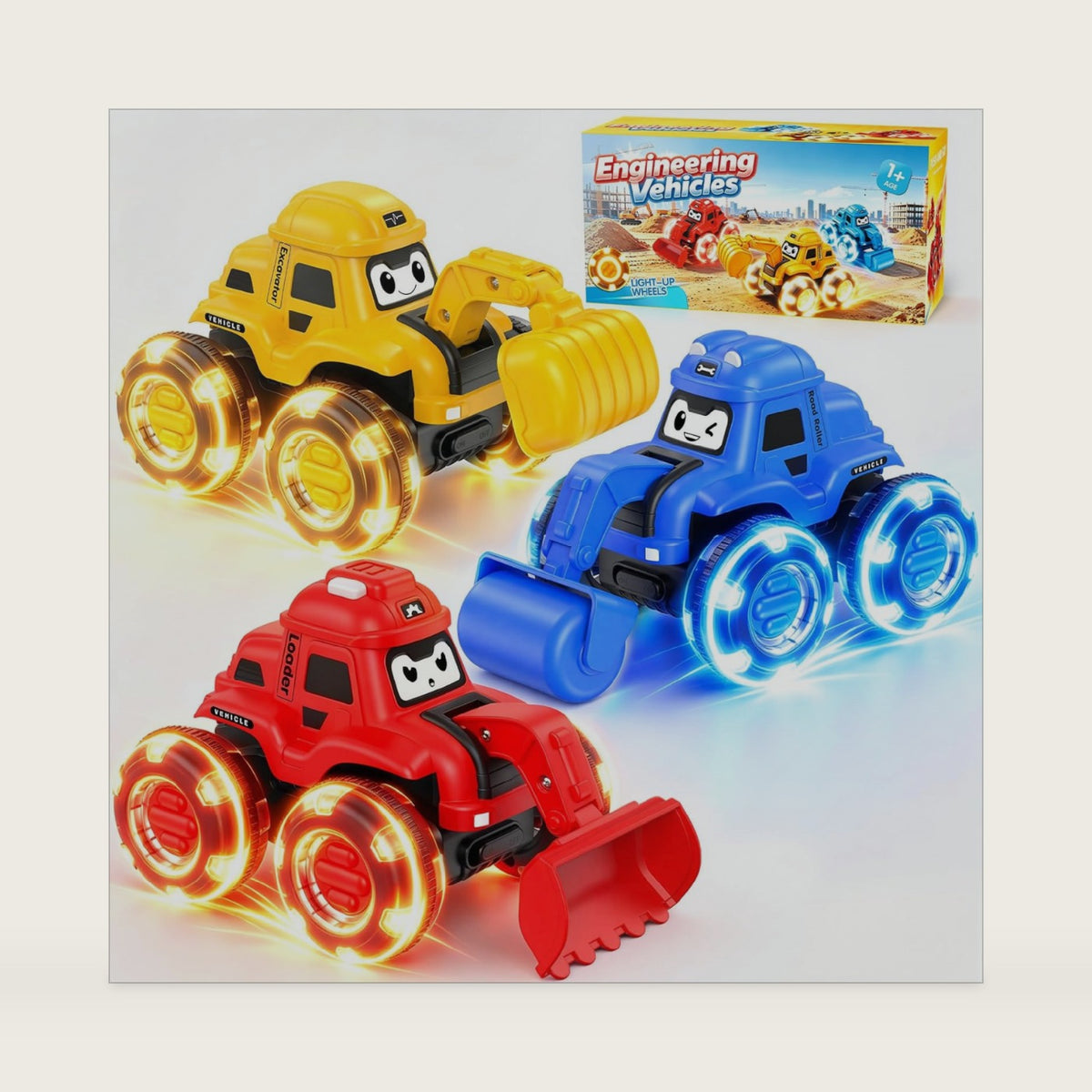 Light Up Construction Vehicles for Kids 2-5, 3 Pack Friction-Powered Cars